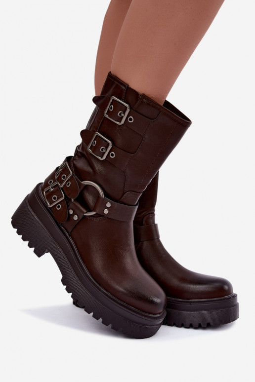 Botins quentes com plataforma e fivelas na cor chocolate Gilmora