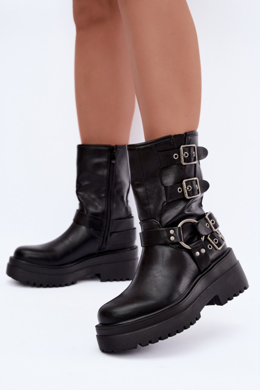 Botins quentes com plataforma e fivelas na cor preta Gilmora