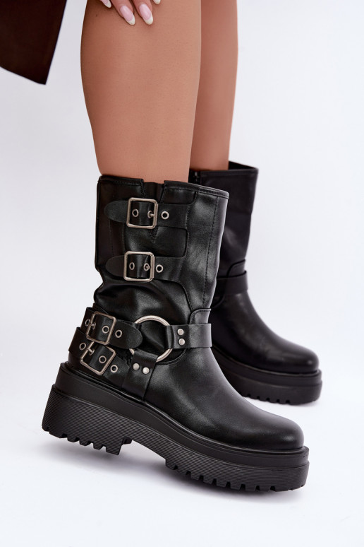 Botins quentes com plataforma e fivelas na cor preta Gilmora