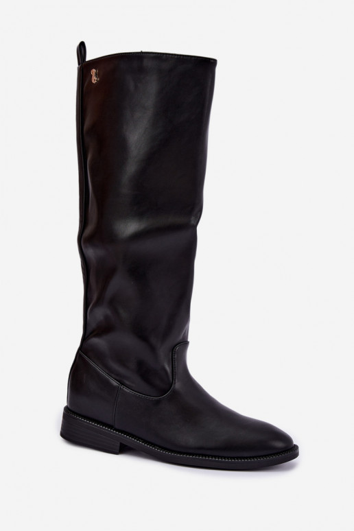 Botas altas quentes com saltos largos e babados na cor preta Odelira