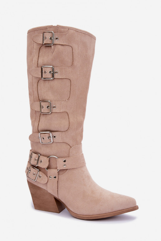 Botas altas de estilo cowboy com saltos e fivelas na cor marfim Fivelle