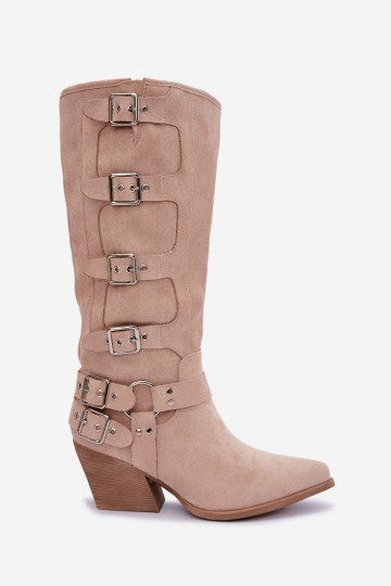 Botas altas de estilo cowboy com saltos e fivelas na cor marfim Fivelle 2