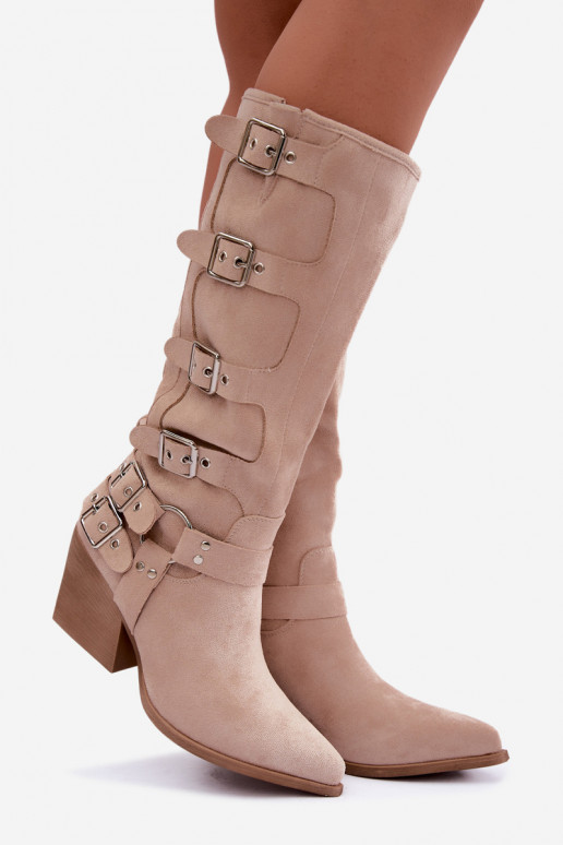 Botas altas de estilo cowboy com saltos e fivelas na cor marfim Fivelle
