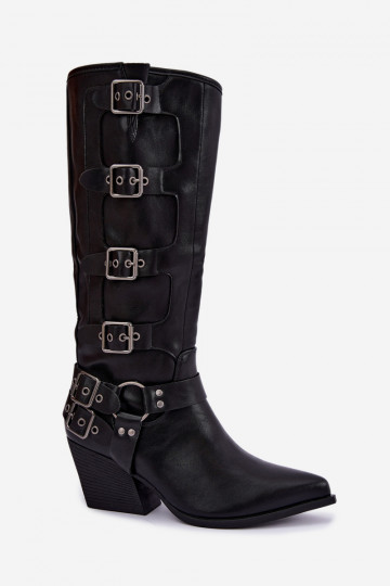 Botas altas de estilo cowboy com saltos e fivelas em couro sintético preto Fivelle