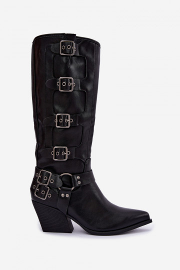 Botas altas de estilo cowboy com saltos e fivelas em couro sintético preto Fivelle 2