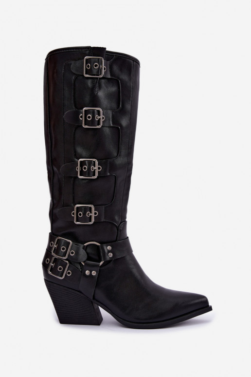 Botas altas de estilo cowboy com saltos e fivelas em couro sintético preto Fivelle