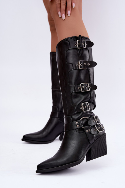 Botas altas de estilo cowboy com saltos e fivelas em couro sintético preto Fivelle