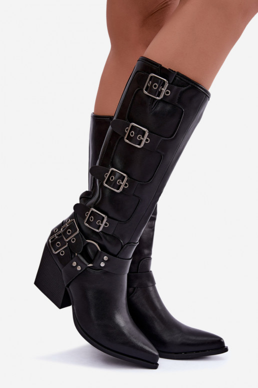 Botas altas de estilo cowboy com saltos e fivelas em couro sintético preto Fivelle