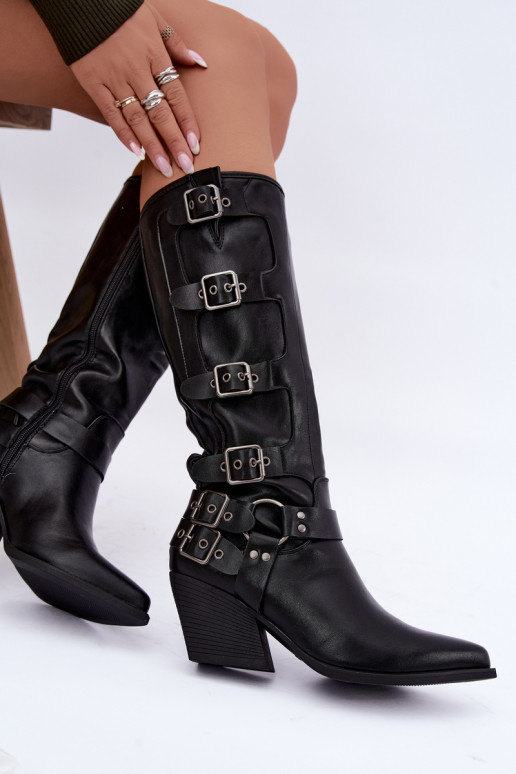 Botas altas de estilo cowboy com saltos e fivelas em couro sintético preto Fivelle