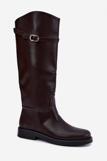 Botas altas femininas com saltos largos e tiras com fivelas na cor chocolate Sylvena