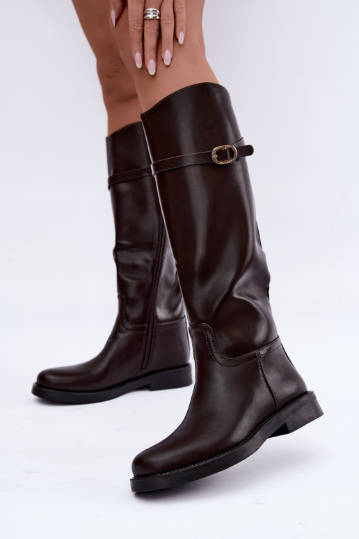 Botas altas femininas com saltos largos e tiras com fivelas na cor chocolate Sylvena