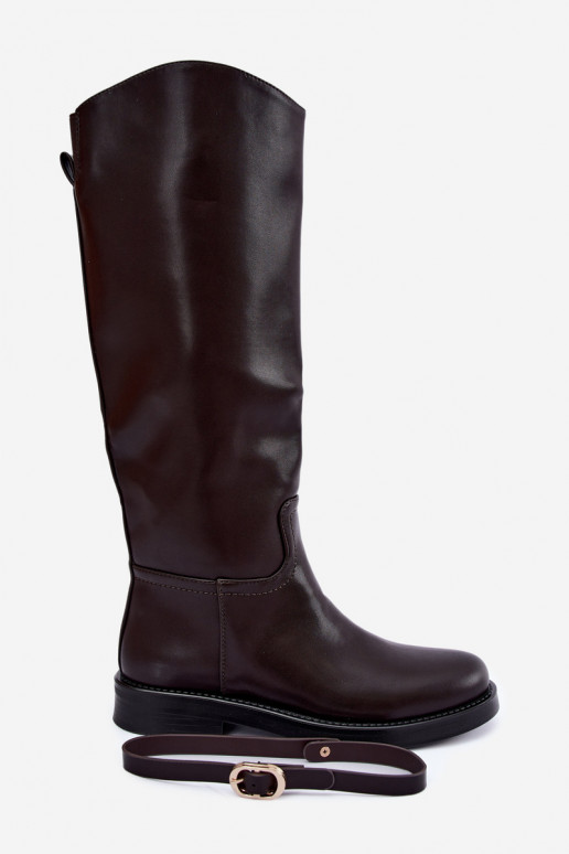Botas altas femininas com saltos largos e tiras com fivelas na cor chocolate Sylvena