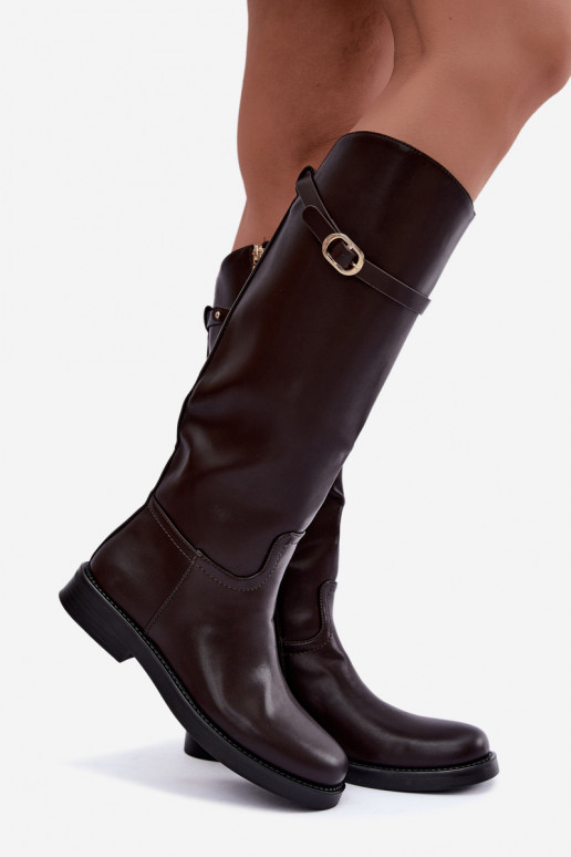Botas altas femininas com saltos largos e tiras com fivelas na cor chocolate Sylvena