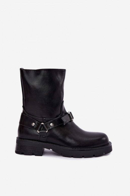 Botins femininos isolados com tiras e fivelas na cor preta Delmora