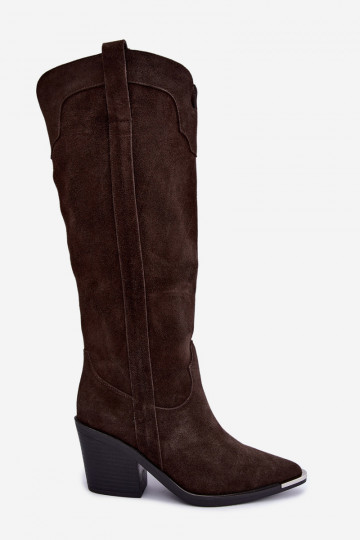 Botas altas de estilo cowboy com saltos em camurça sintética marrom