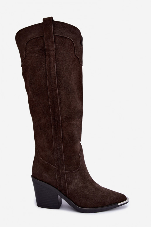 Botas altas de estilo cowboy com saltos em camurça sintética marrom