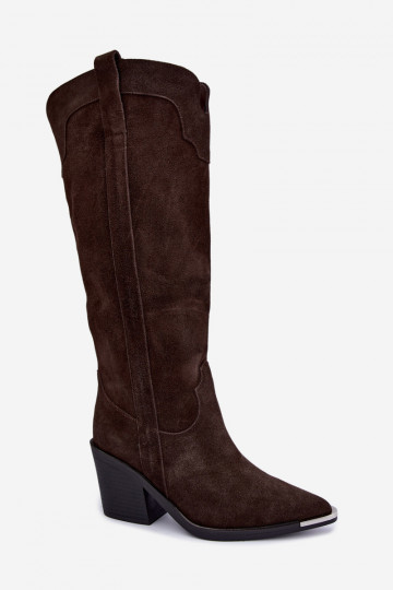 Botas altas de estilo cowboy com saltos em camurça sintética marrom 2