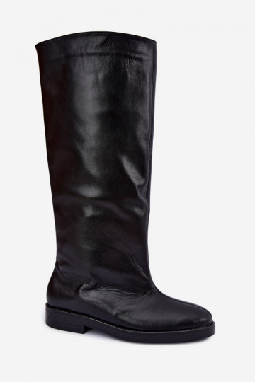 Botas altas de couro quentes com saltos largos em preto Zazoo 542
