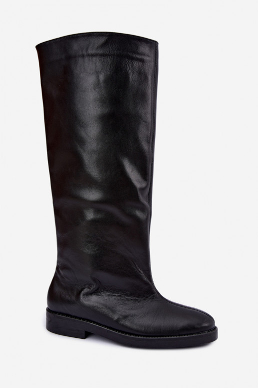 Botas altas de couro quentes com saltos largos em preto Zazoo 542
