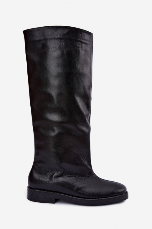 Botas altas de couro quentes com saltos largos em preto Zazoo 542