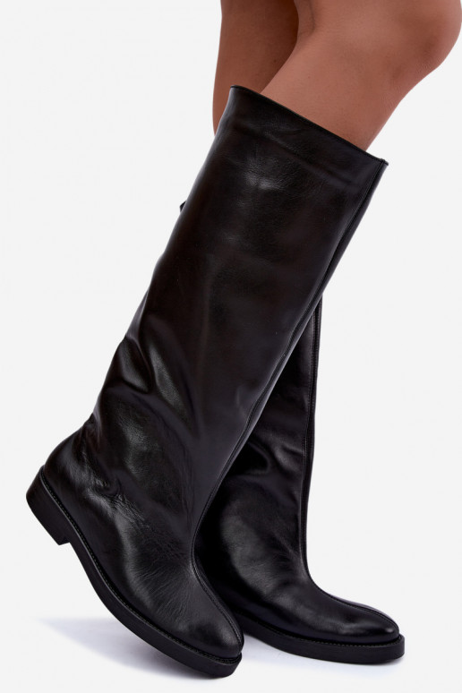 Botas altas de couro quentes com saltos largos em preto Zazoo 542