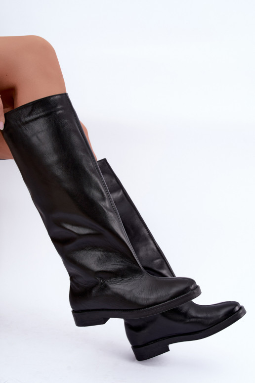 Botas altas de couro quentes com saltos largos em preto Zazoo 542