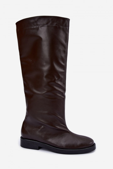 Botas altas de couro quentes com saltos largos em marrom Zazoo 542