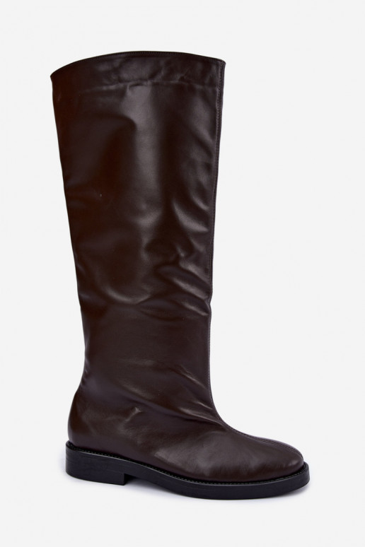 Botas altas de couro quentes com saltos largos em marrom Zazoo 542