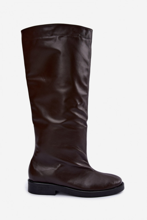 Botas altas de couro quentes com saltos largos em marrom Zazoo 542