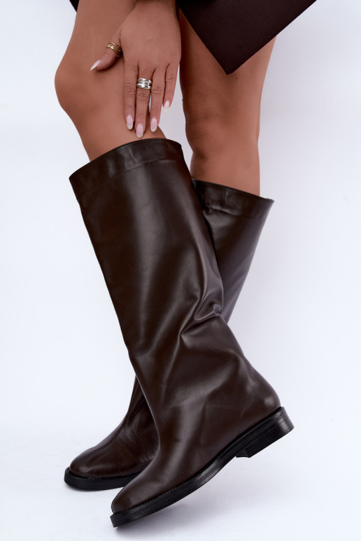Botas altas de couro quentes com saltos largos em marrom Zazoo 542