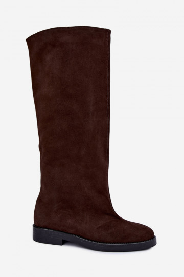 Botas altas de camurça sintética quentes com saltos largos em marrom Zazoo 542