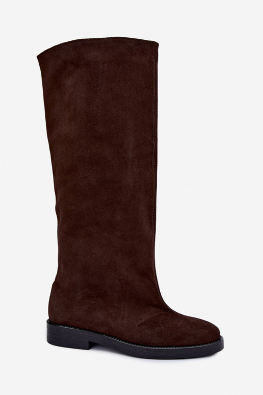 Botas altas de camurça sintética quentes com saltos largos em marrom Zazoo 542