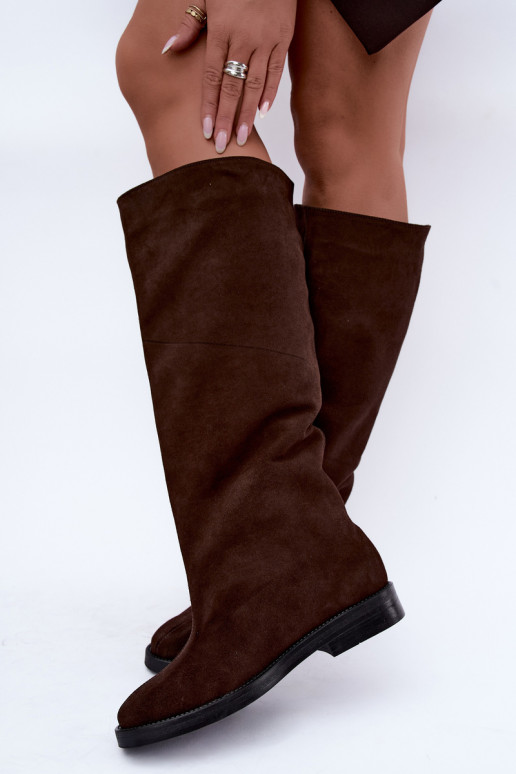 Botas altas de camurça sintética quentes com saltos largos em marrom Zazoo 542