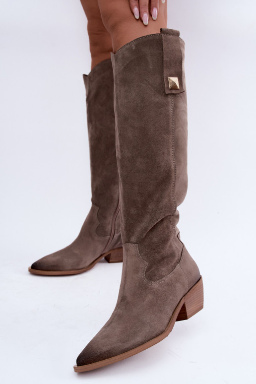 Botas altas quentes de estilo cowboy em camurça sintética argila Zazoo 4224