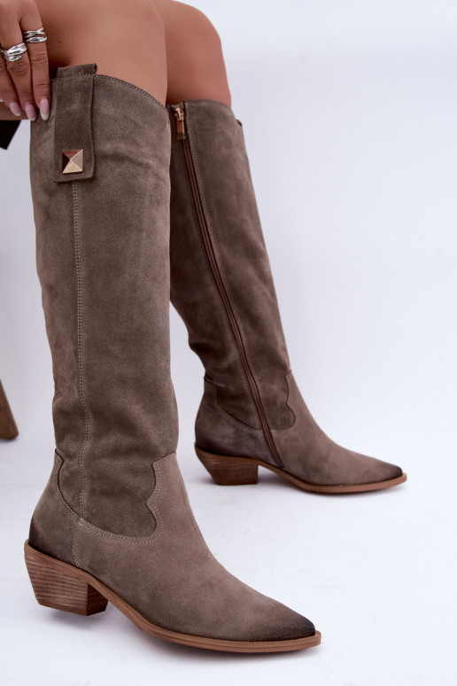 Botas altas quentes de estilo cowboy em camurça sintética argila Zazoo 4224