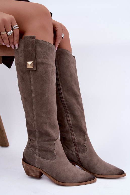 Botas altas quentes de estilo cowboy em camurça sintética argila Zazoo 4224