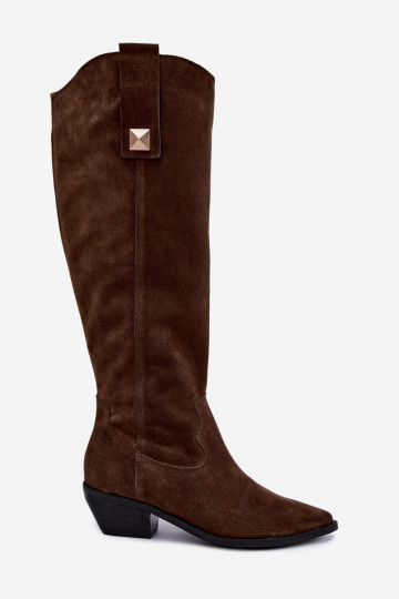 Botas altas quentes de estilo cowboy em camurça sintética marrom Zazoo 4224 2