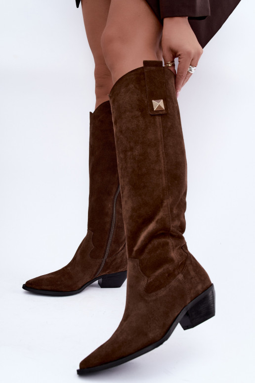 Botas altas quentes de estilo cowboy em camurça sintética marrom Zazoo 4224