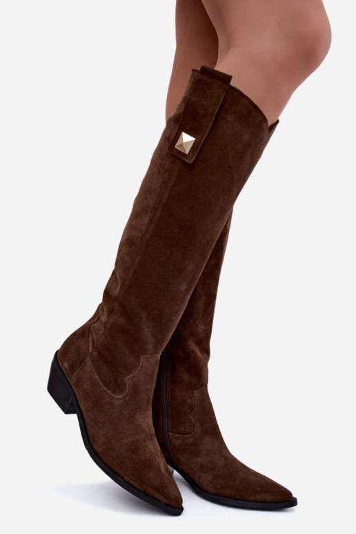 Botas altas quentes de estilo cowboy em camurça sintética marrom Zazoo 4224