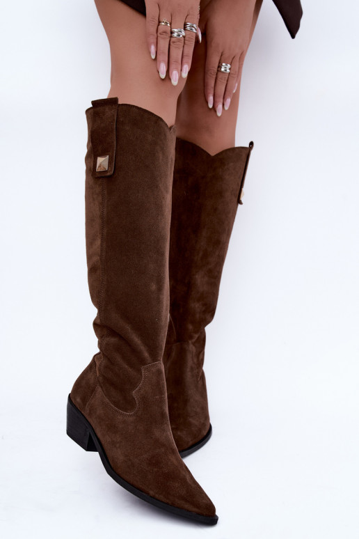 Botas altas quentes de estilo cowboy em camurça sintética marrom Zazoo 4224