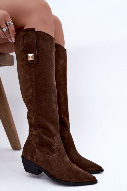 Botas altas quentes de estilo cowboy em camurça sintética marrom Zazoo 4224