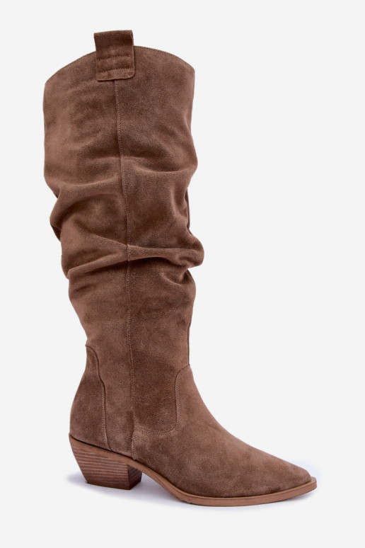 Botas altas quentes amassadas de estilo cowboy em camurça sintética marrom Zazoo 4313