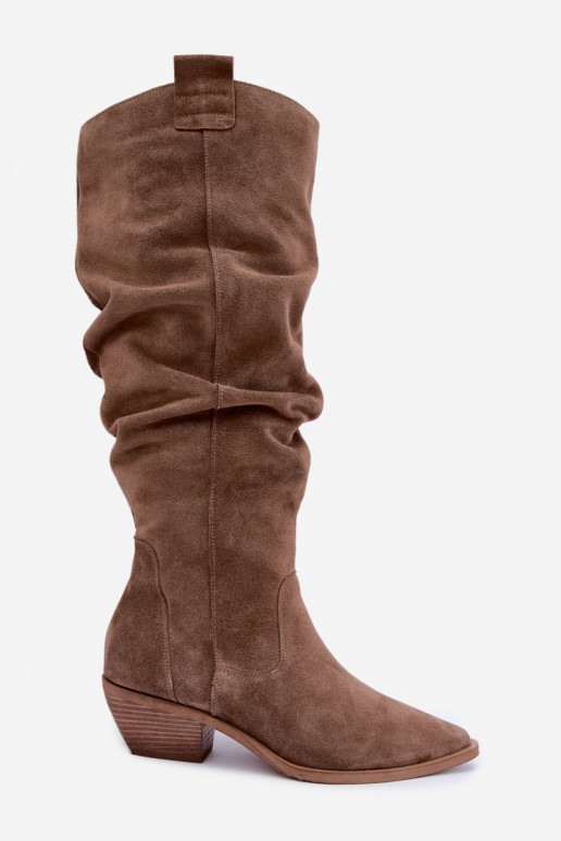 Botas altas quentes amassadas de estilo cowboy em camurça sintética marrom Zazoo 4313