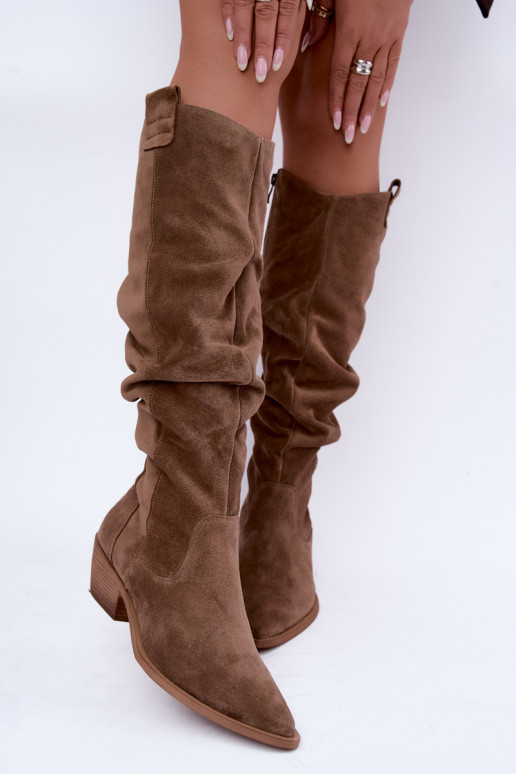 Botas altas quentes amassadas de estilo cowboy em camurça sintética marrom Zazoo 4313
