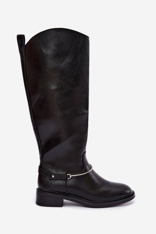 Botas altas com saltos largos e fitas decorativas na cor preta INillene