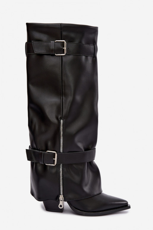 Botas altas com salto e atacadores com fitas e fivelas na cor preta Amorette