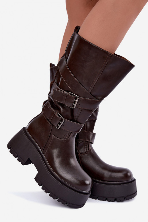 Botas altas com plataforma e tiras na cor chocolate Delsenne