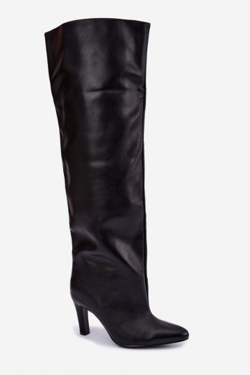 Botas altas slip-on femininas com saltos pontudos acima do joelho na cor preta Emorine 2