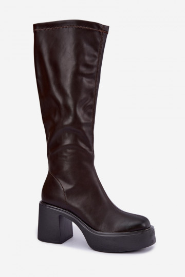 Botas altas femininas com plataforma e saltos em couro sintético cor chocolate Nesalie 2