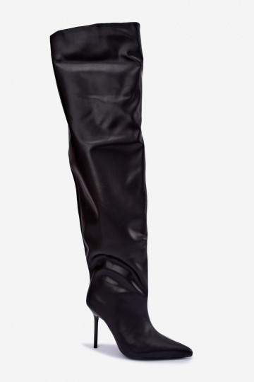 botas altas femininas com saltos finos acima do joelho na cor preta Aderelle 2